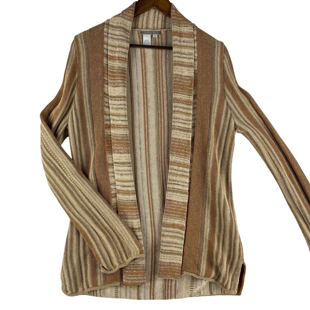 VTG Isabella Bird WMNS Open Front Cardigan M Tan Brown Striped Linen/Cotton Knit
